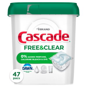 Cascade Free & Clear Dishwasher Pods, Dish Detergent Soap, Unscented, 47 Count