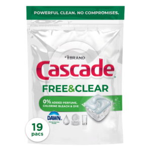 Cascade Free & Clear Dishwasher Pods, Dish Detergent Soap, Unscented, 19 Count