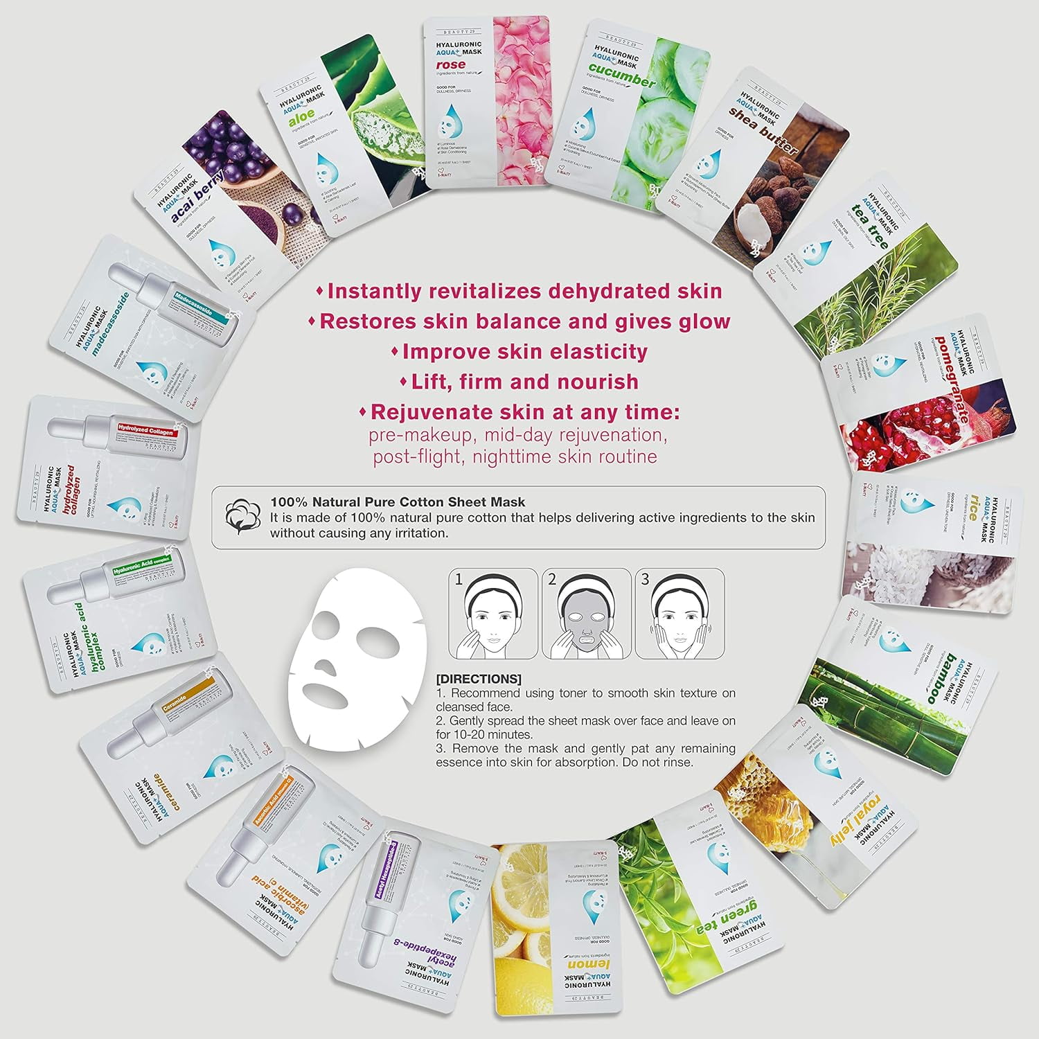 BEAUTY29 Hyaluronic Aqua Plus Essence Full Face Facial Sheet Mask 14 Sheets - 2 WEEKS SET - Image 2